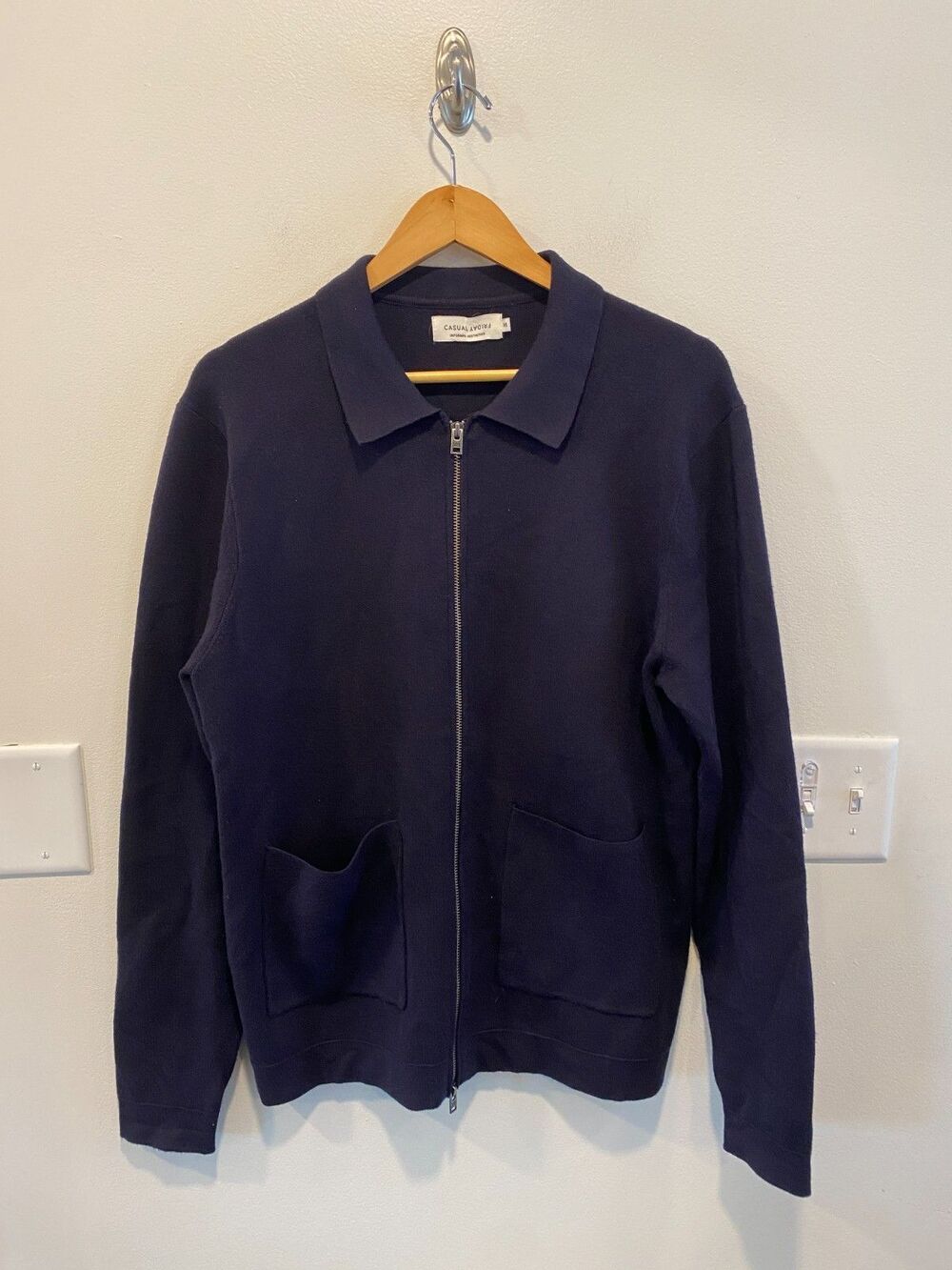 Casual Friday Men's Knitted Zipper Cardigan Sweater Size Medium Navy Blue